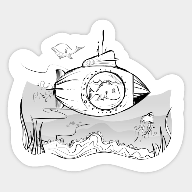 Fish in a Submarine Sticker by Jason's Doodles